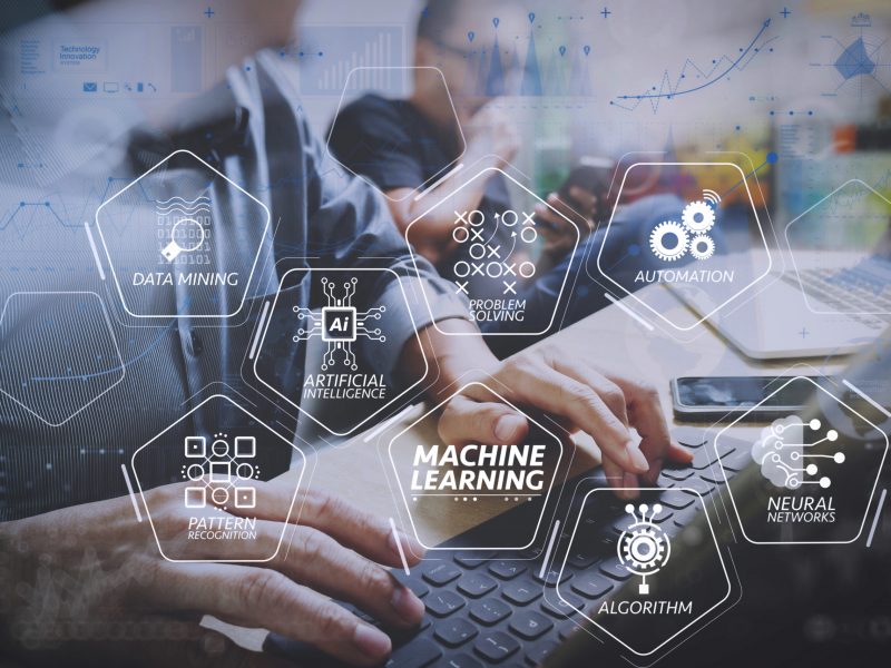 Machine learning technology diagram with artificial intelligence (AI),neural network,automation,data mining in VR screen.Coworking process, entrepreneur team working in creative office space using digital tablet.